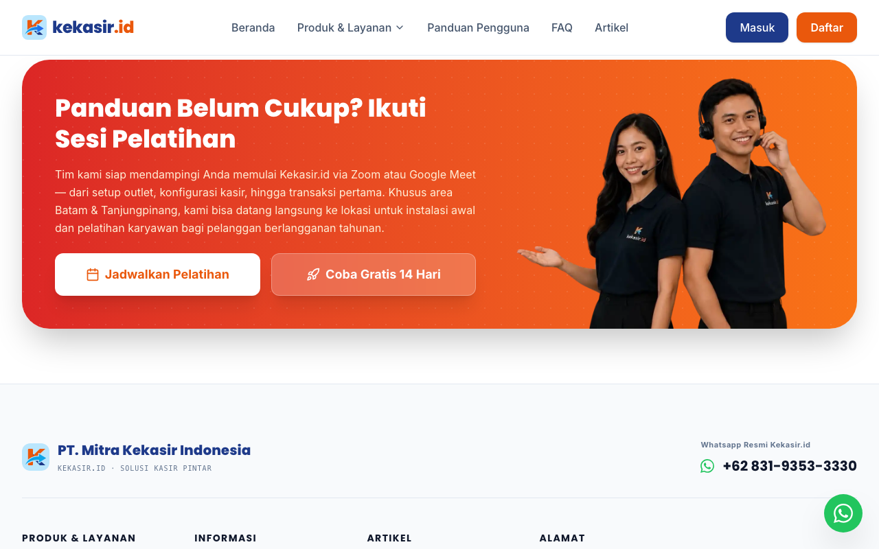 Pilihan pelatihan dan WhatsApp resmi di halaman Panduan