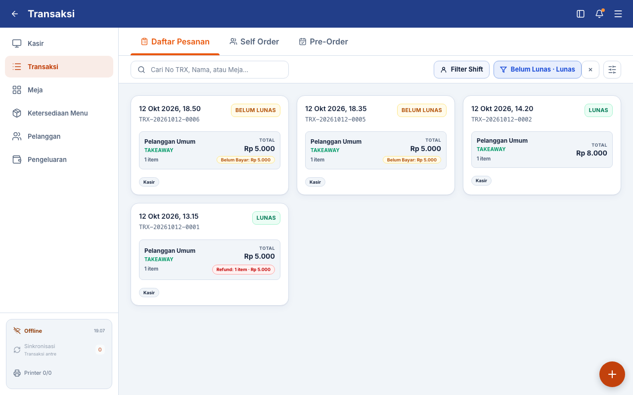 Daftar transaksi tersimpan tetap tampil pada PWA saat offline