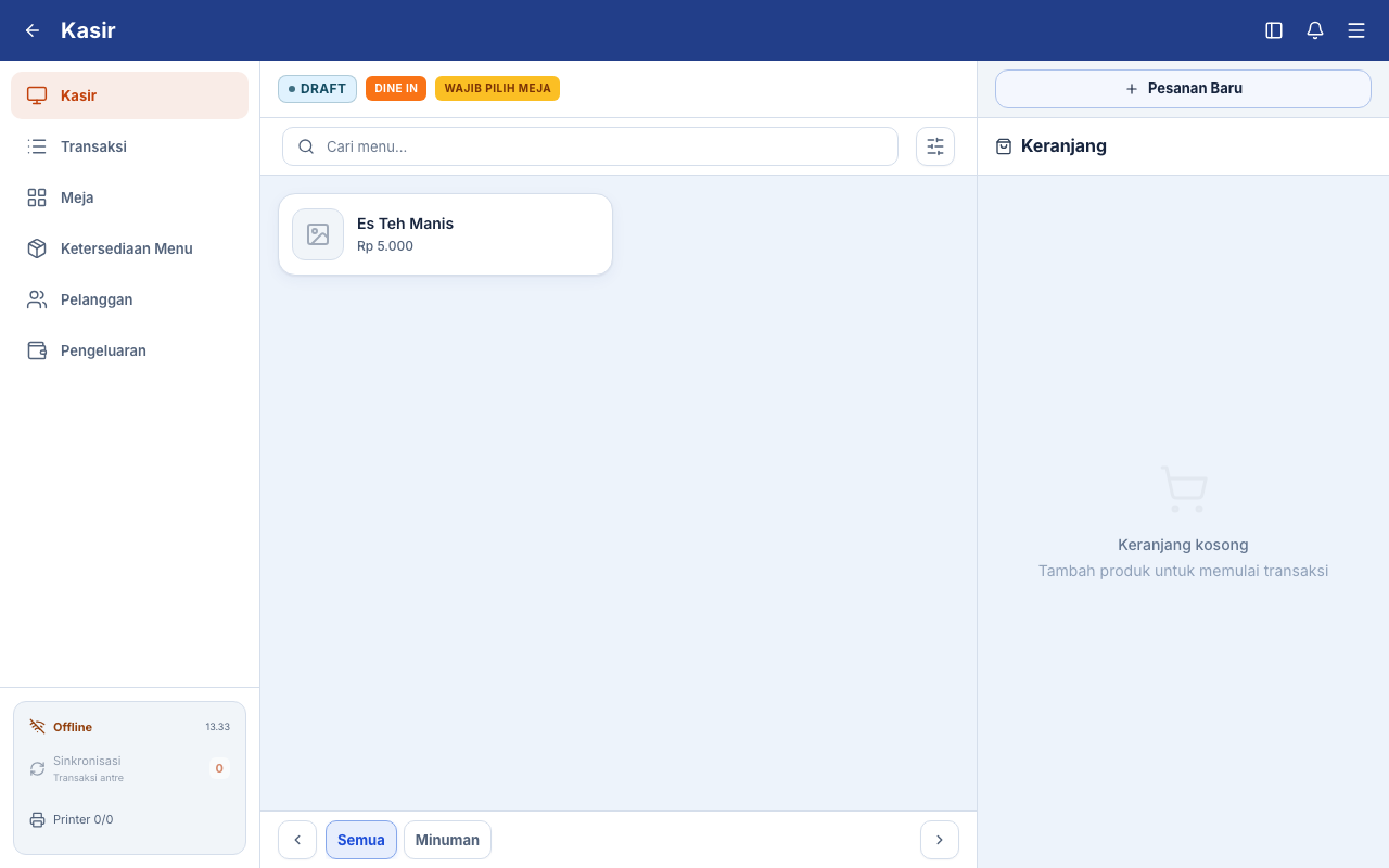 Kasir tetap menampilkan menu tersimpan dan indikator Offline