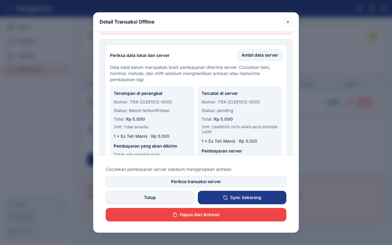 Perbandingan satu Es Teh pada salinan lokal dan transaksi server