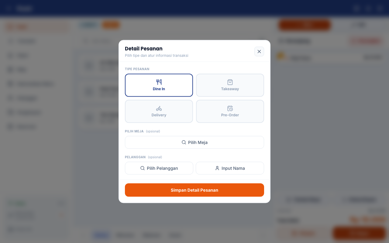 Dialog detail untuk memilih tipe pesanan