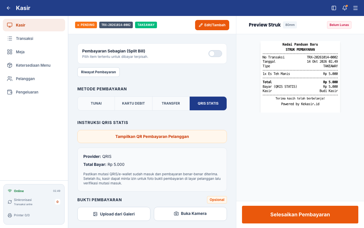 Instruksi QRIS statis untuk tagihan latihan Rp5.000