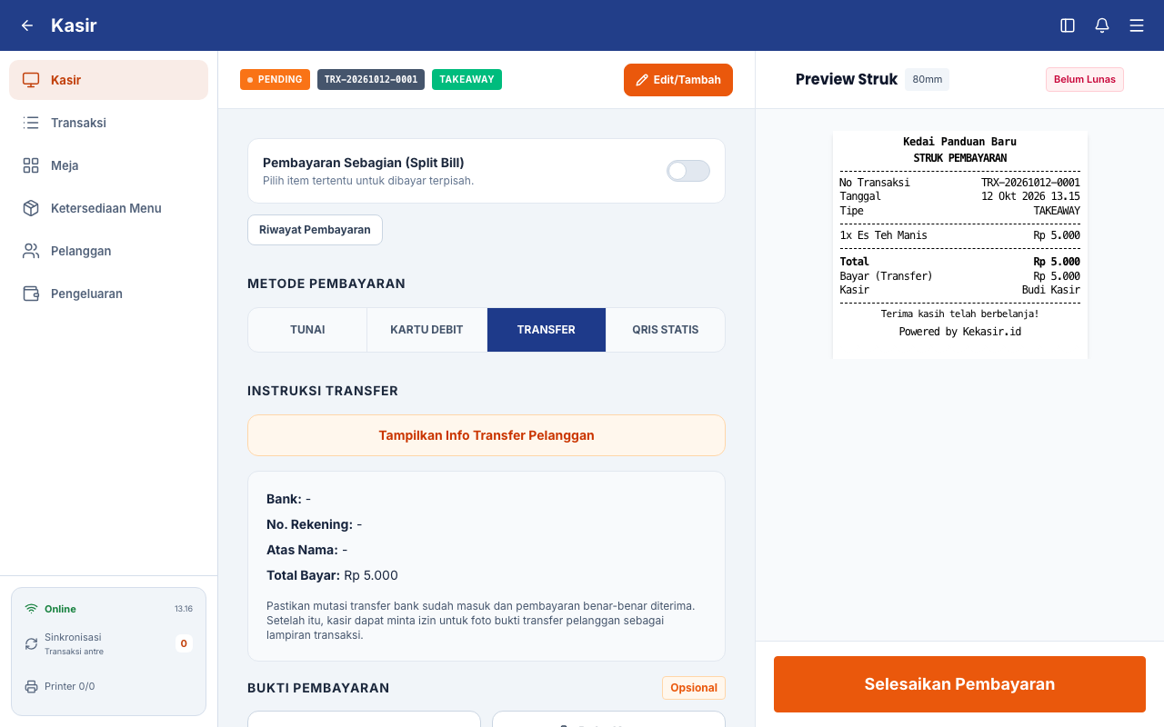 Instruksi transfer dan total Rp5.000