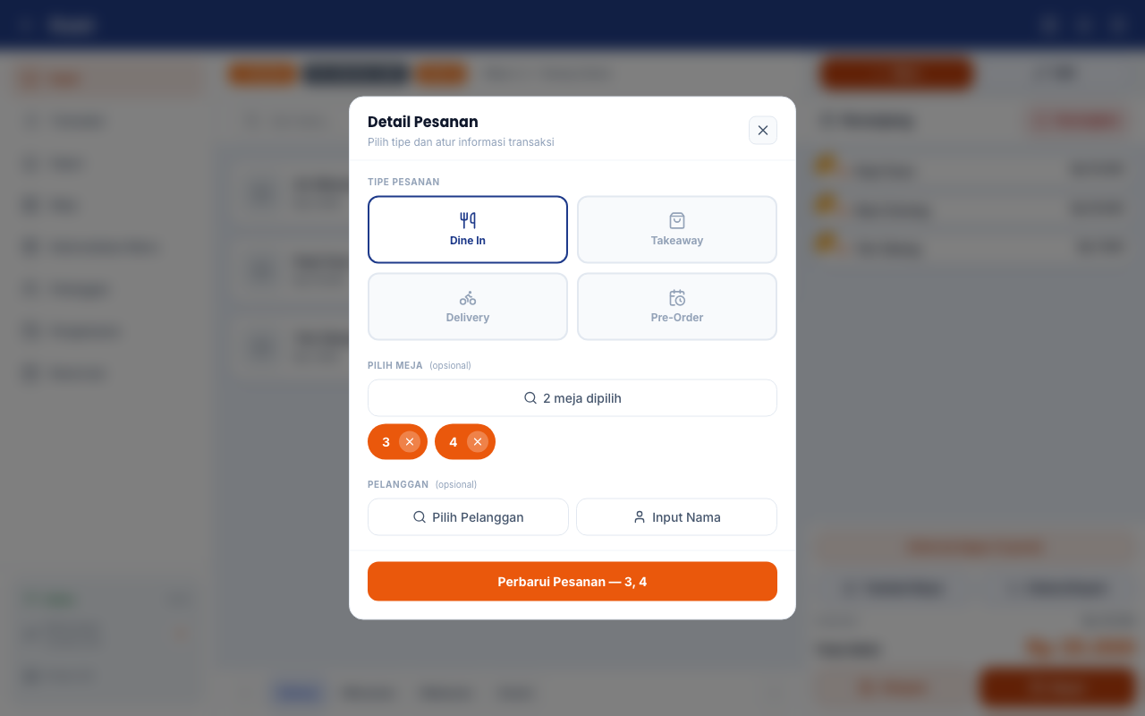 Detail pesanan yang masih memakai dua meja