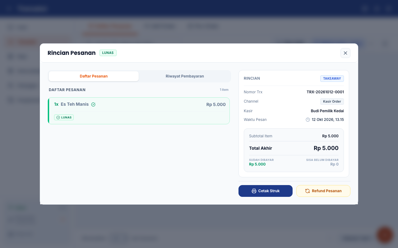 Rincian transaksi lunas sebelum refund