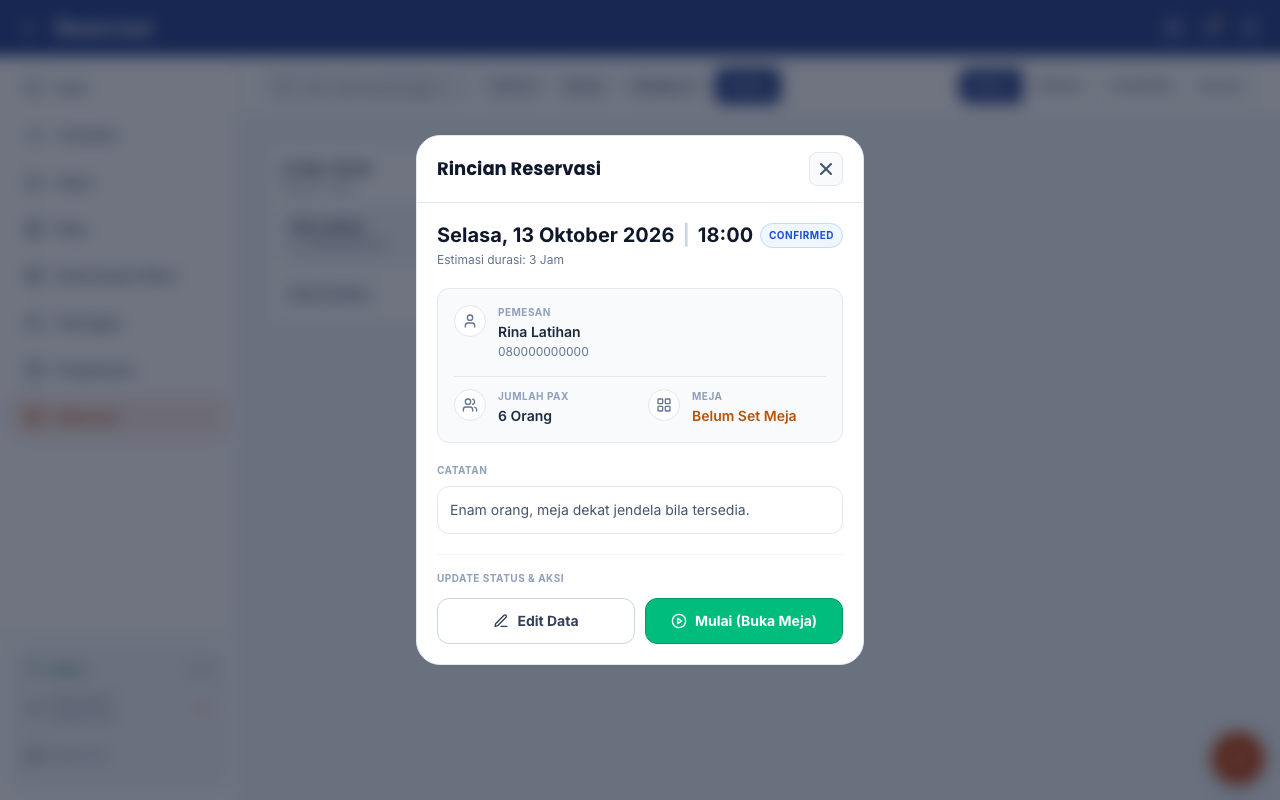 Detail reservasi Confirmed dengan catatan pelanggan yang telah diperbarui