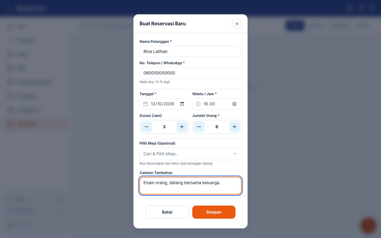 Form reservasi enam orang dengan durasi tiga jam