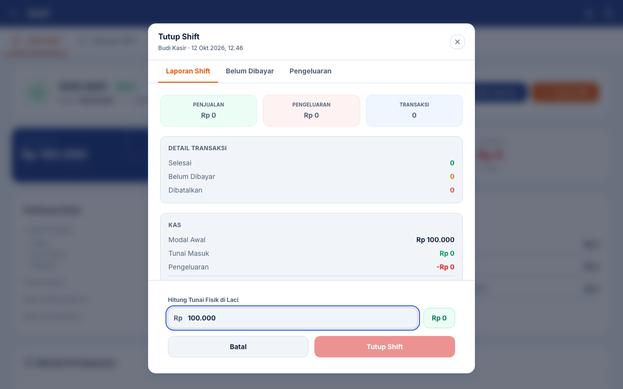 Form tutup shift dengan tunai fisik Rp100.000