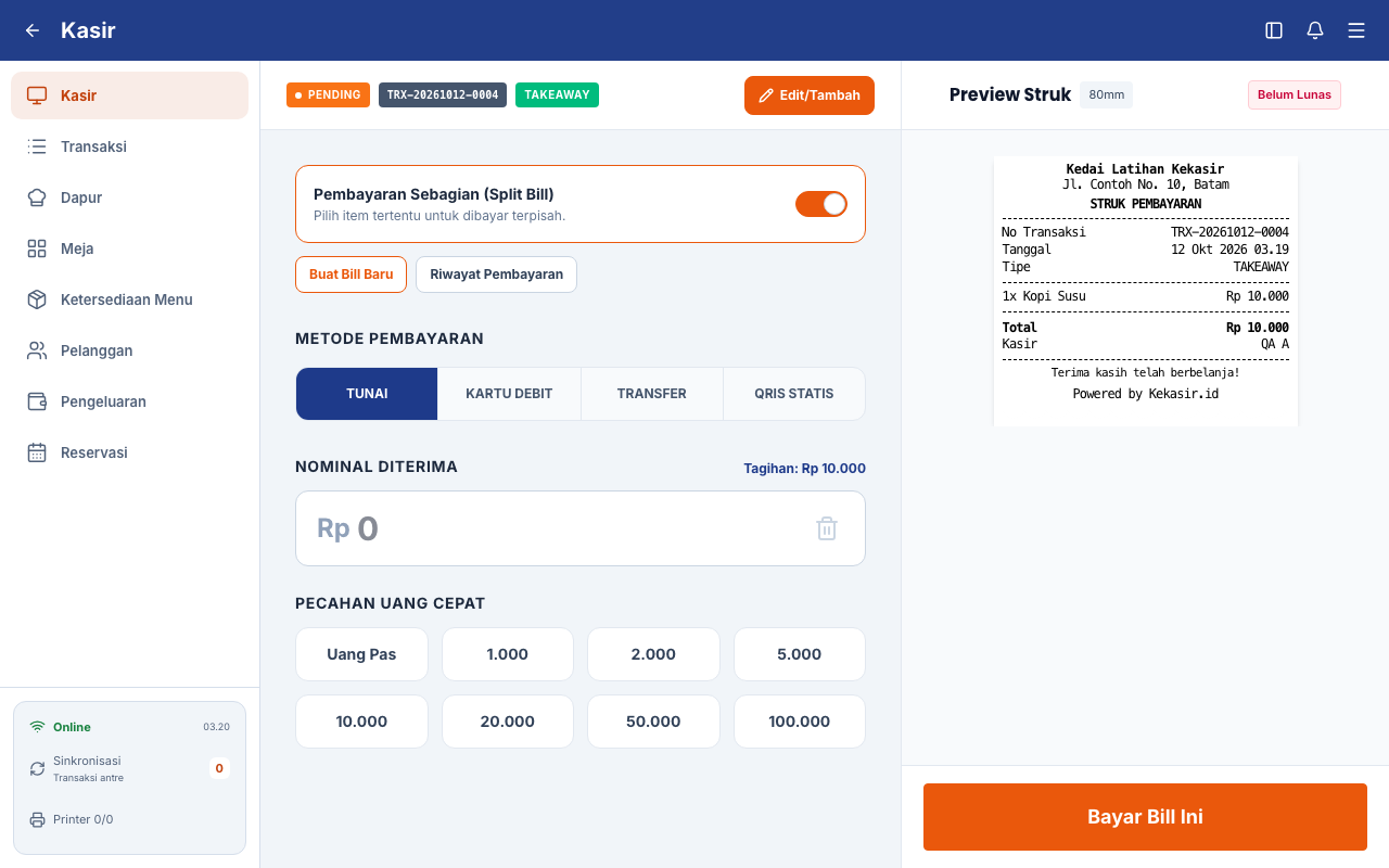 Form pembayaran bill pertama berisi Kopi Susu