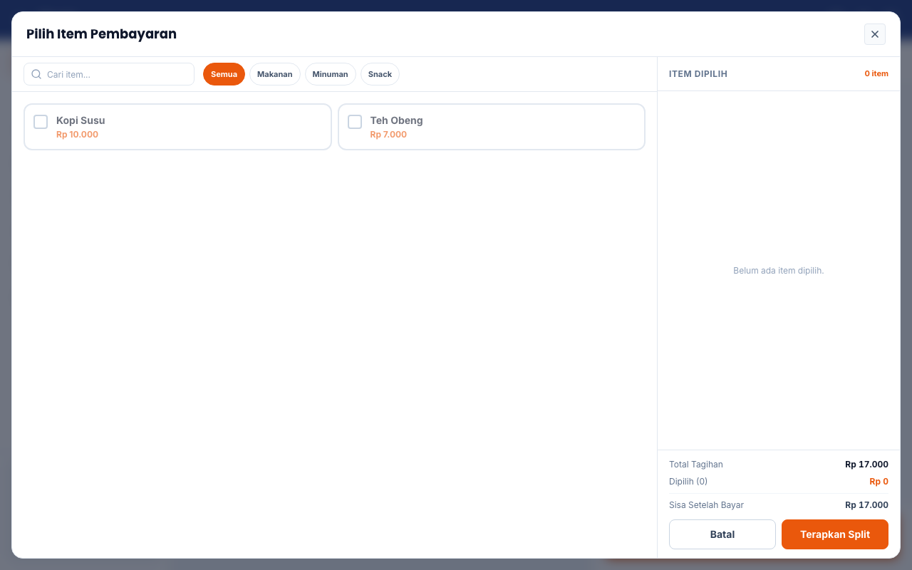 Dialog pemilihan item split bill tanpa item terpilih