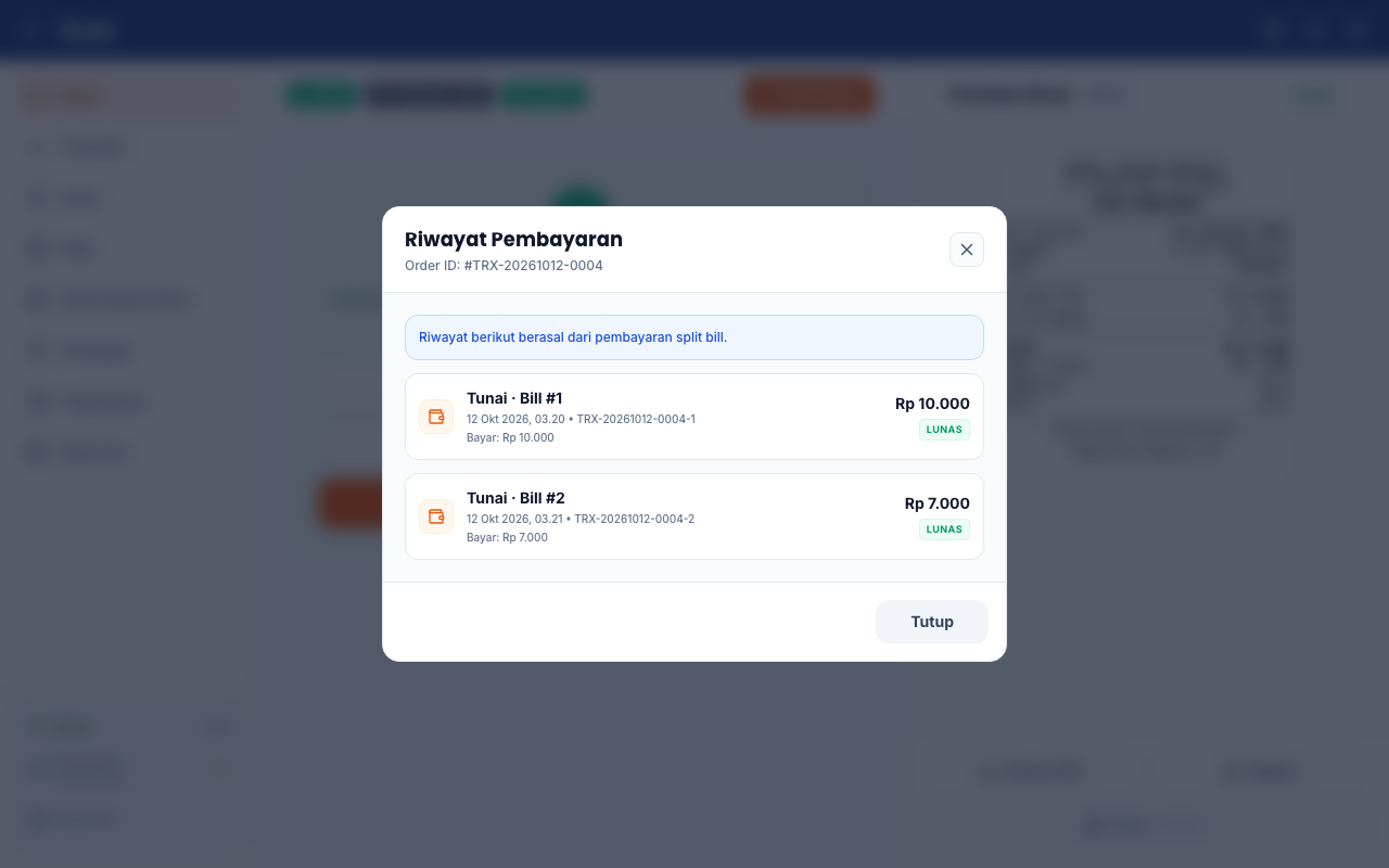 Riwayat dua pembayaran tunai pada transaksi split bill
