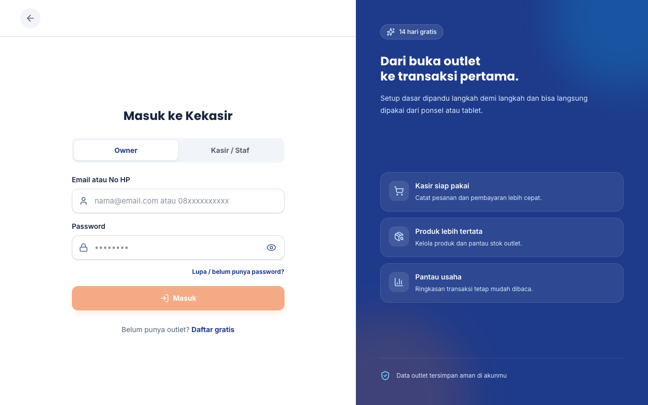 Login owner dengan email atau nomor HP dan password
