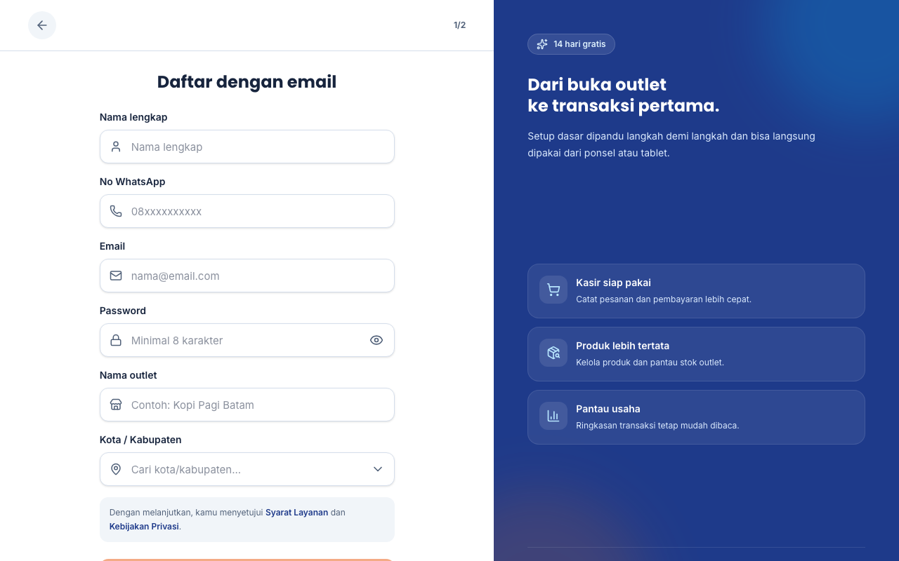 Form pendaftaran owner menggunakan email