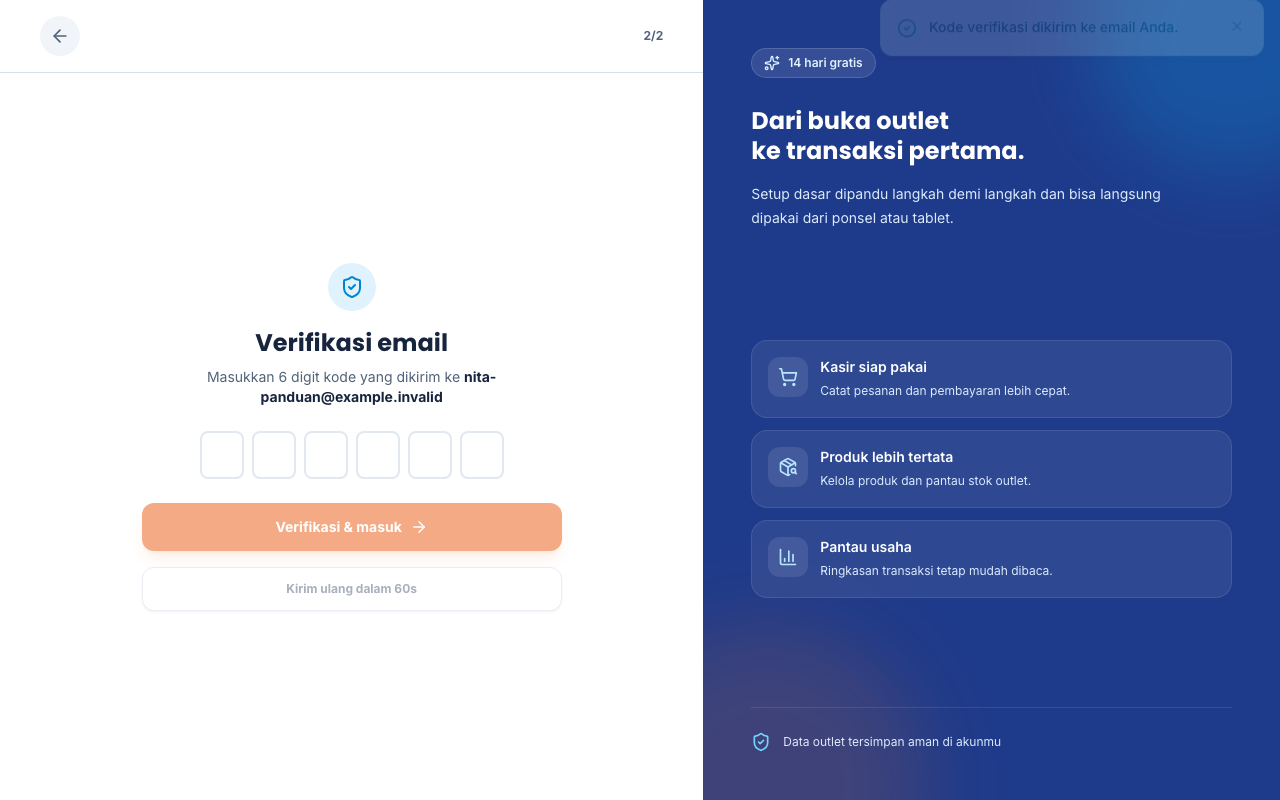 Langkah verifikasi email pada pendaftaran owner