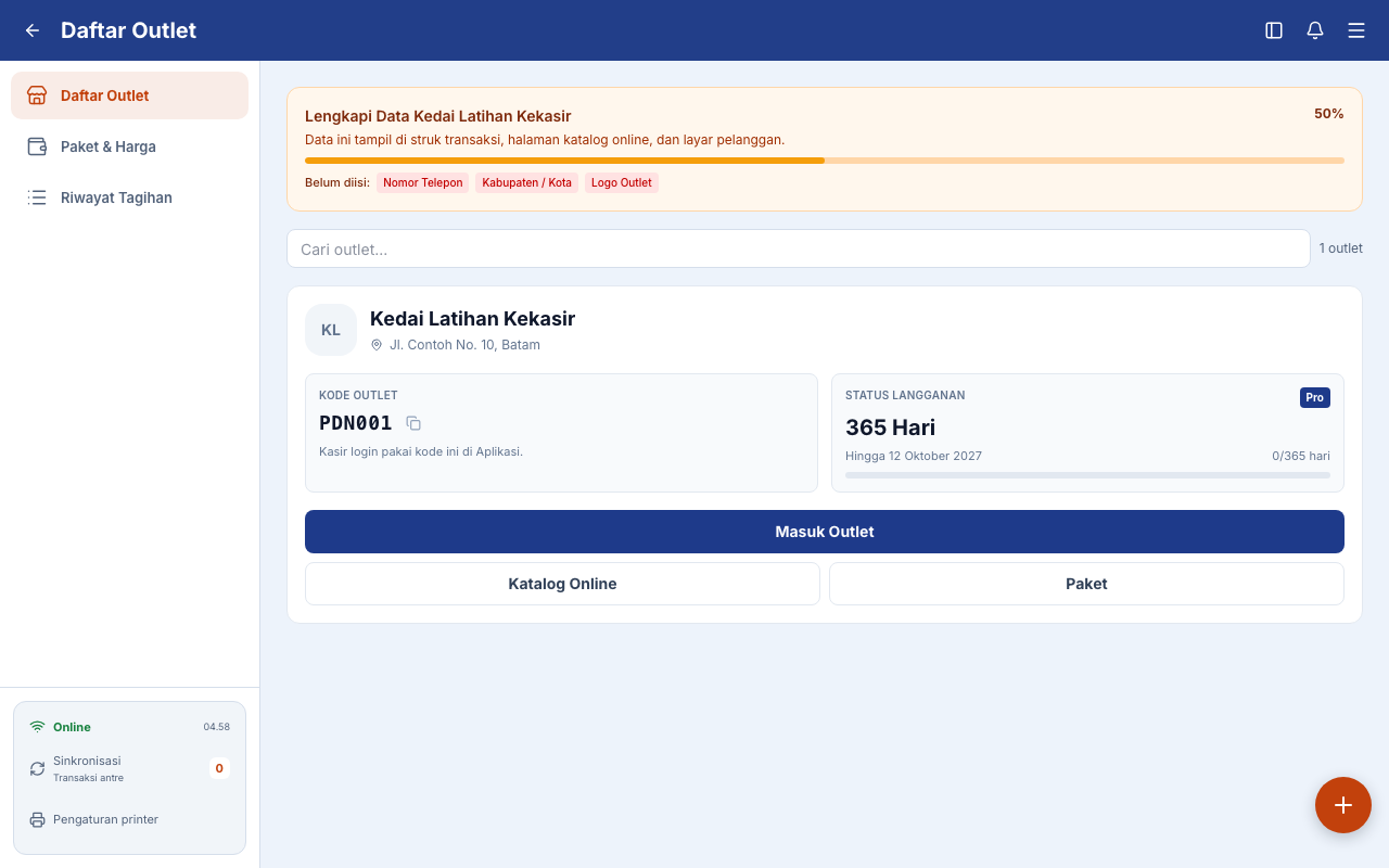 Daftar outlet milik akun latihan