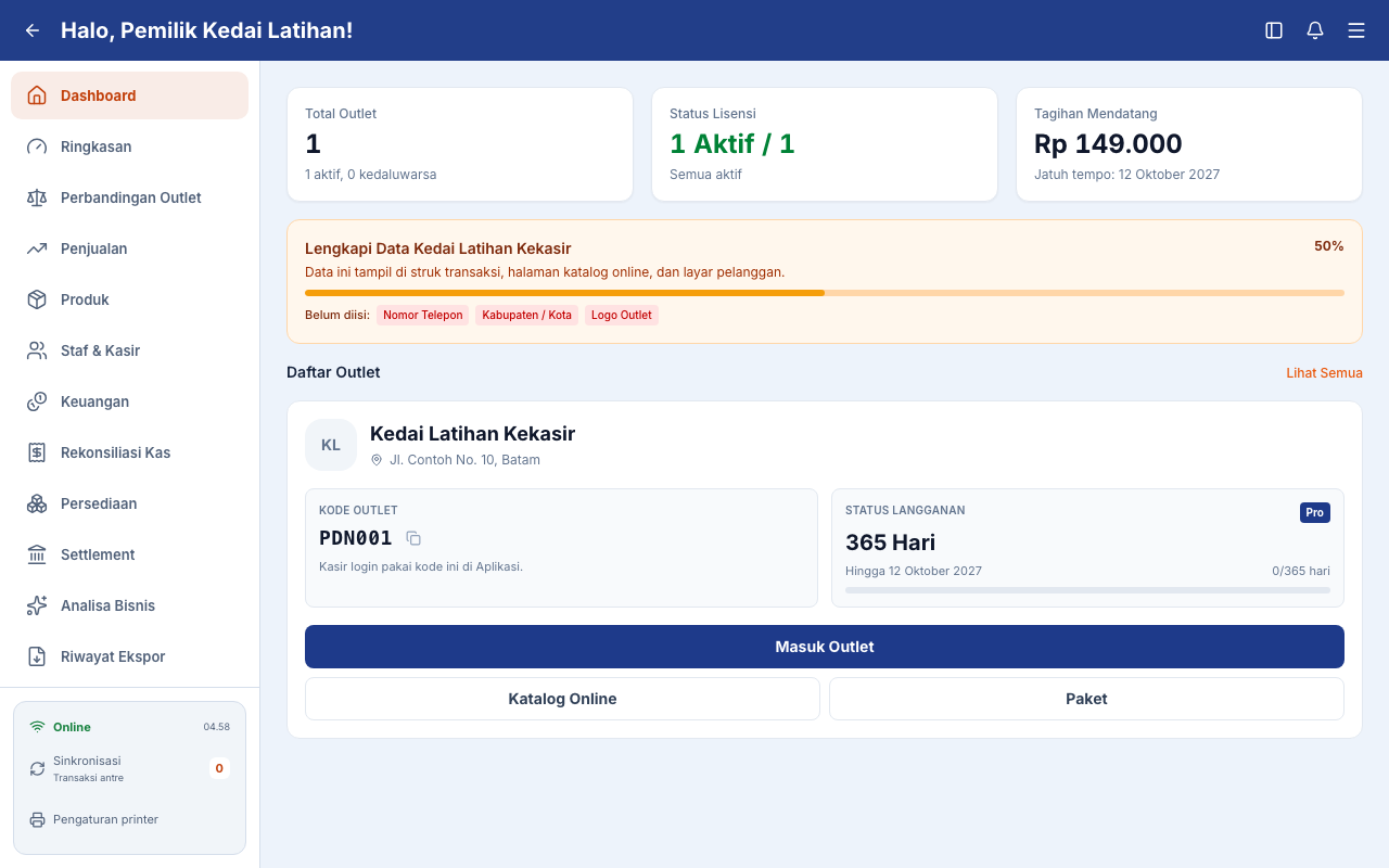 Dashboard owner dengan satu outlet latihan