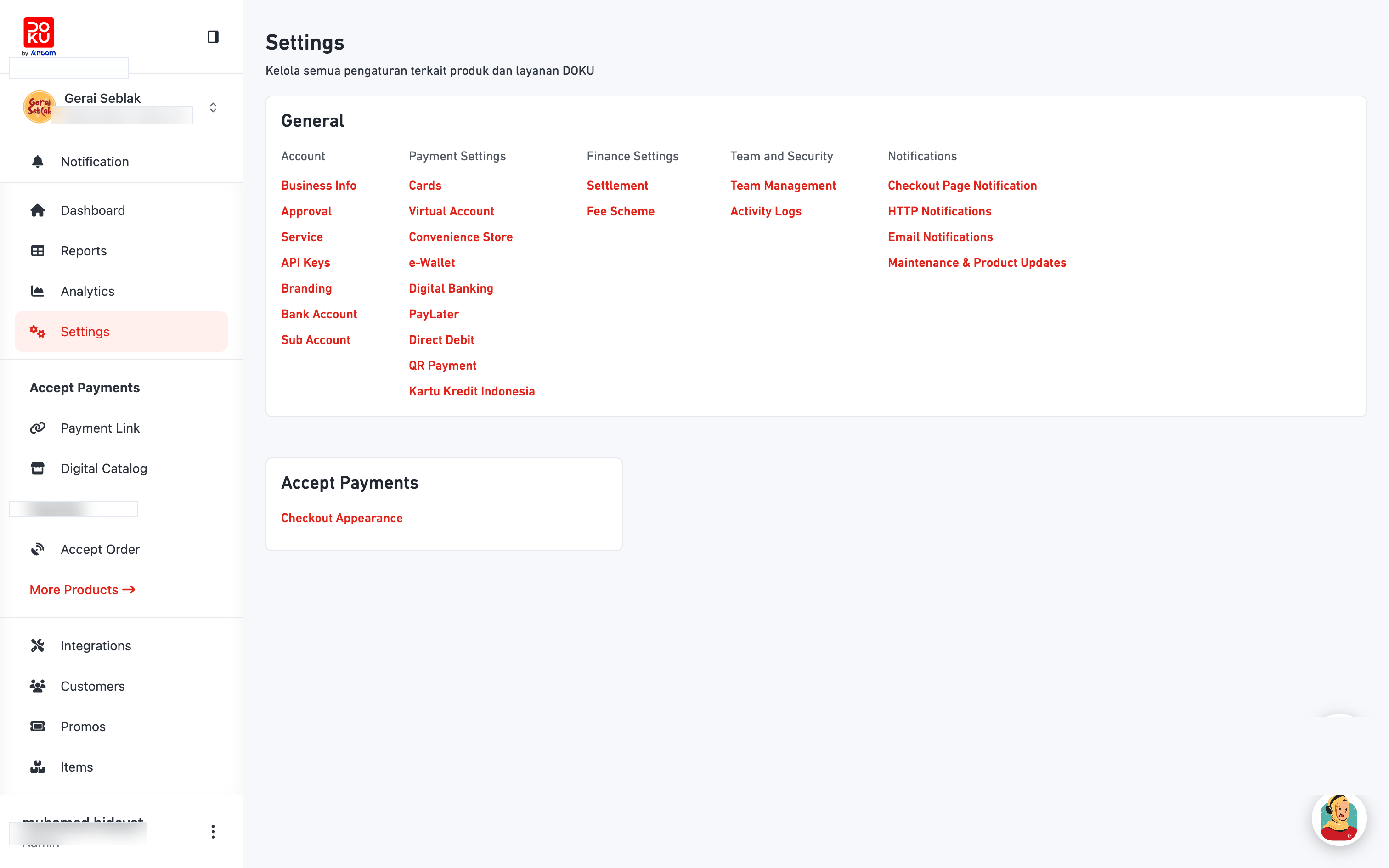 Halaman Settings dashboard DOKU