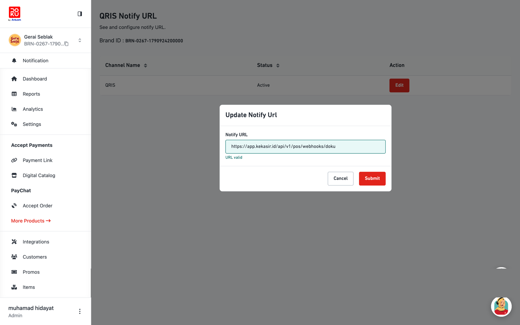 Pengaturan QRIS Notify URL DOKU