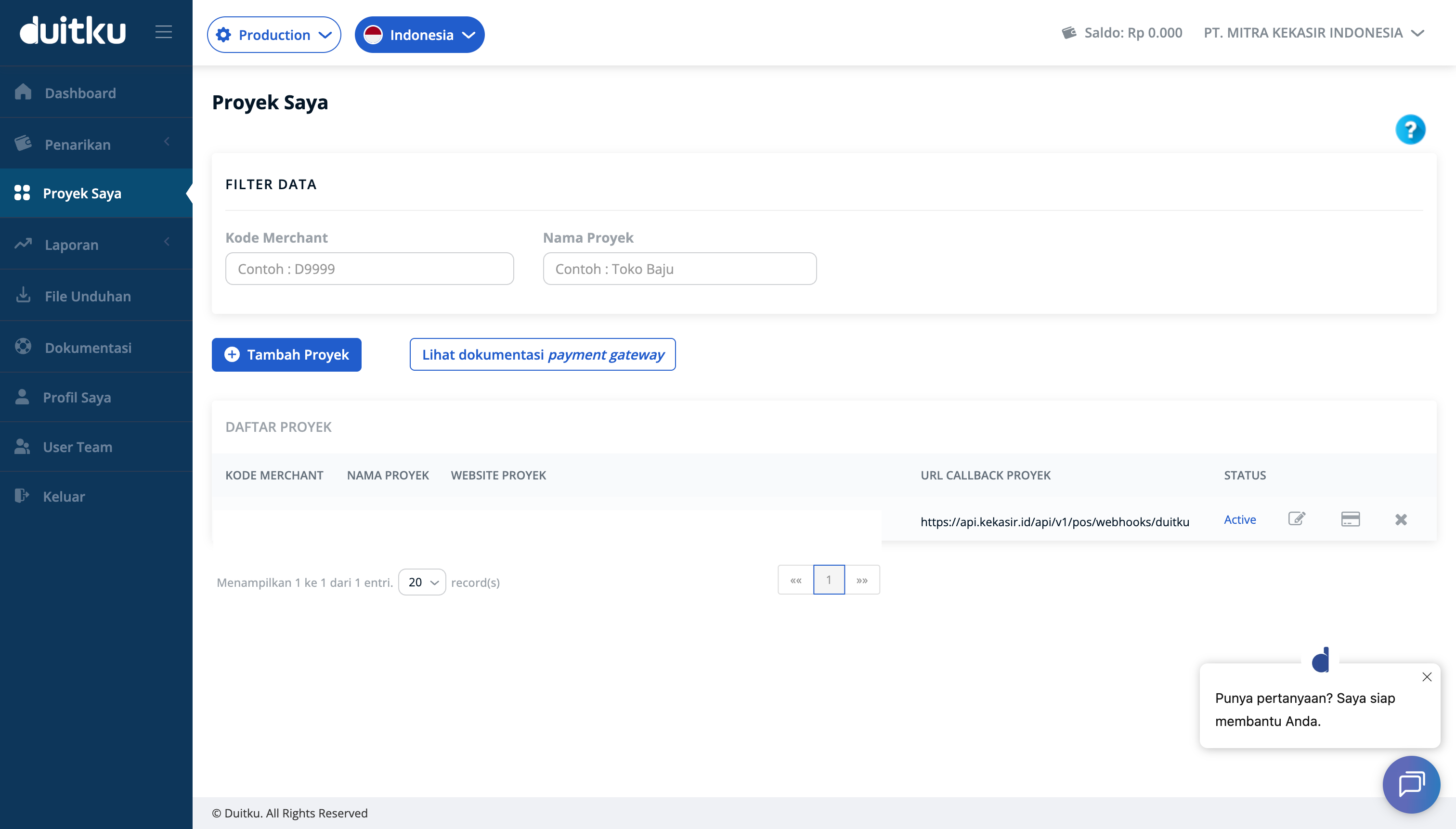 Daftar proyek dan kode merchant Duitku