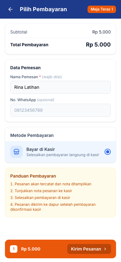 Nama pemesan dan pilihan bayar di kasir