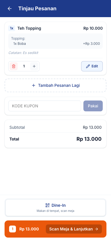 Keranjang Teh Topping dengan Boba dan catatan, total Rp13.000