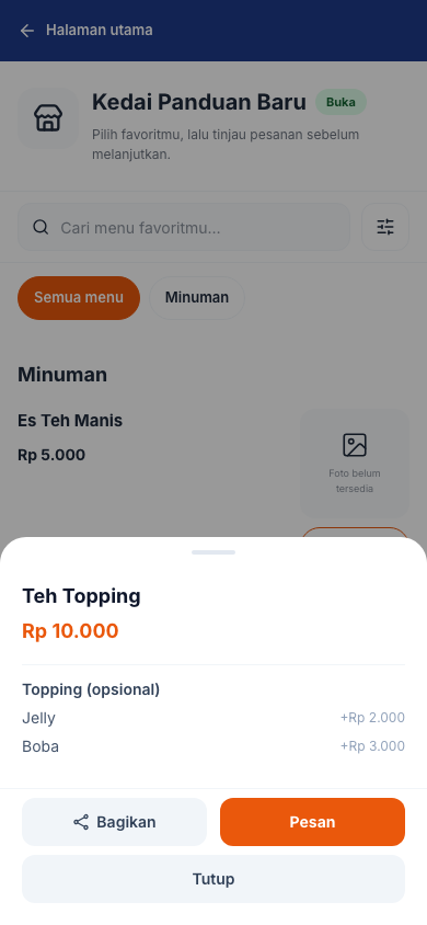 Rincian Teh Topping dan harga pilihan tambahan