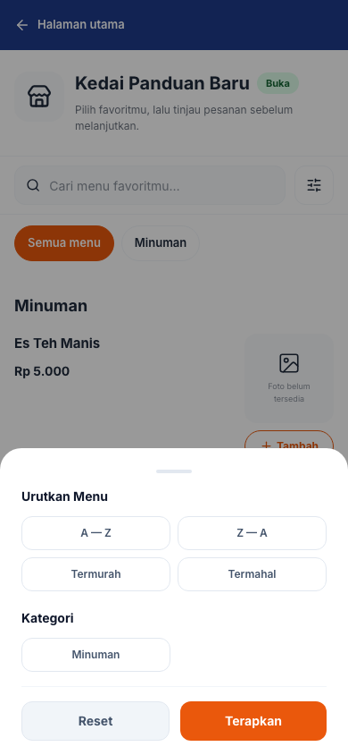 Dialog filter dan pengurutan menu