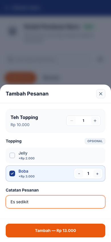 Boba dipilih dan catatan Es sedikit sebelum menambah item