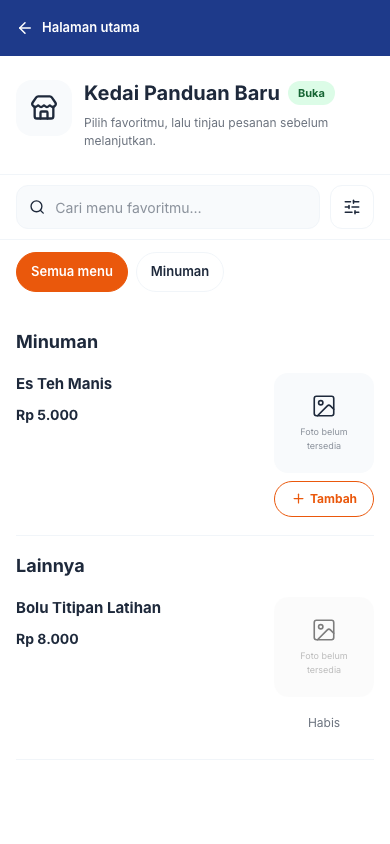 Katalog Kedai Panduan Baru: Es Teh tersedia dan Bolu Titipan habis