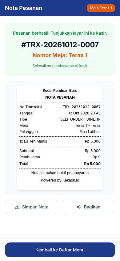 Nota pesanan Rina senilai Rp5.000, nomor TRX-20261012-0007