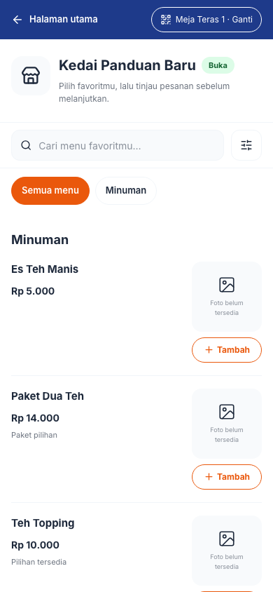 Menu pelanggan dengan sesi Teras 1