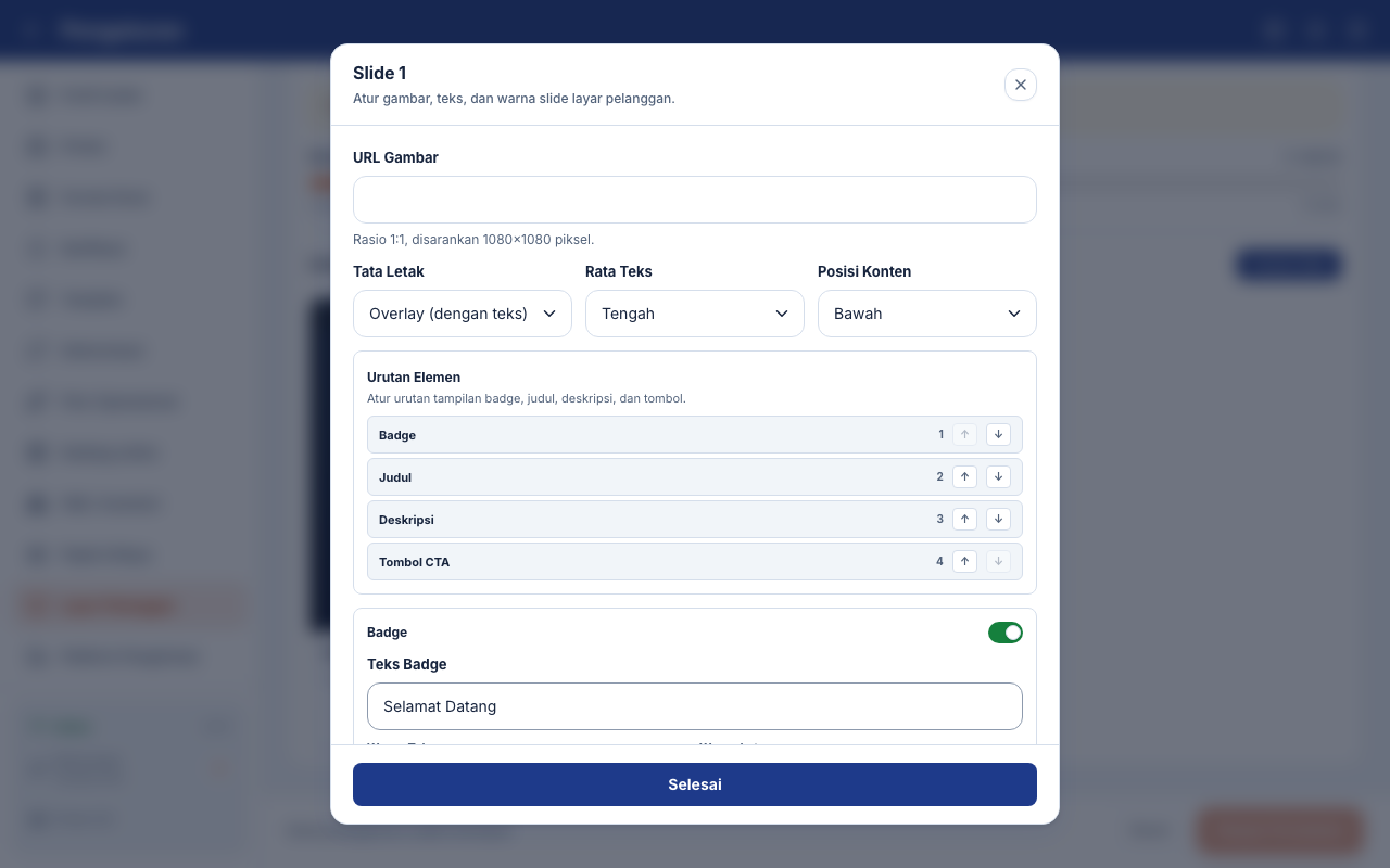 Editor slide dengan susunan elemen dan form teks