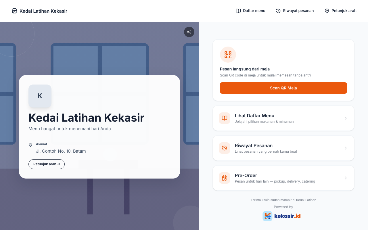 Halaman pelanggan dengan hero dan identitas Kedai Latihan