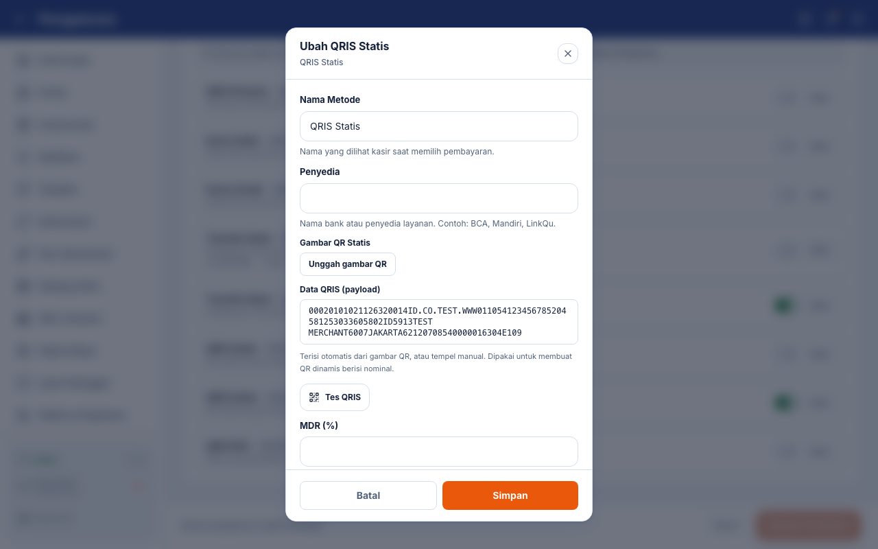 Data QRIS latihan pada form metode