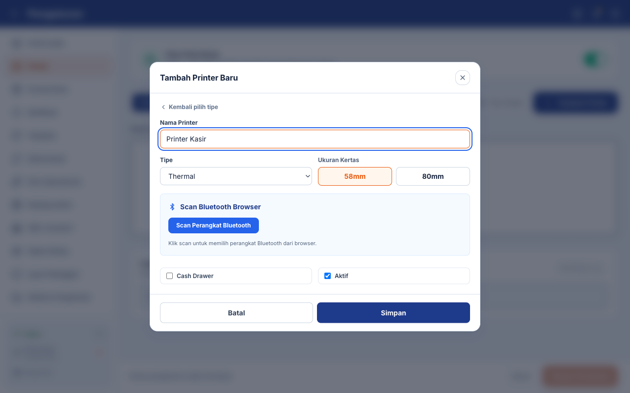 Form printer Bluetooth dengan nama Printer Kasir