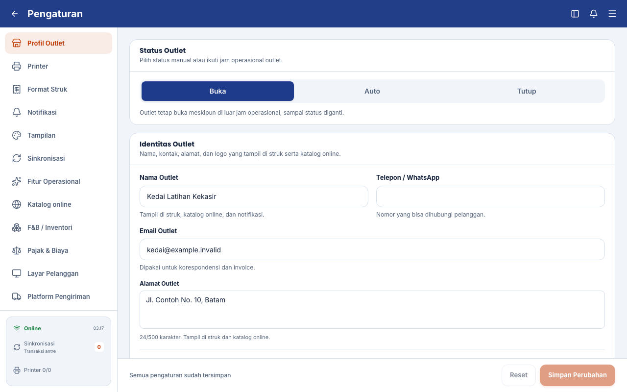 Profil outlet setelah status manual Buka disimpan