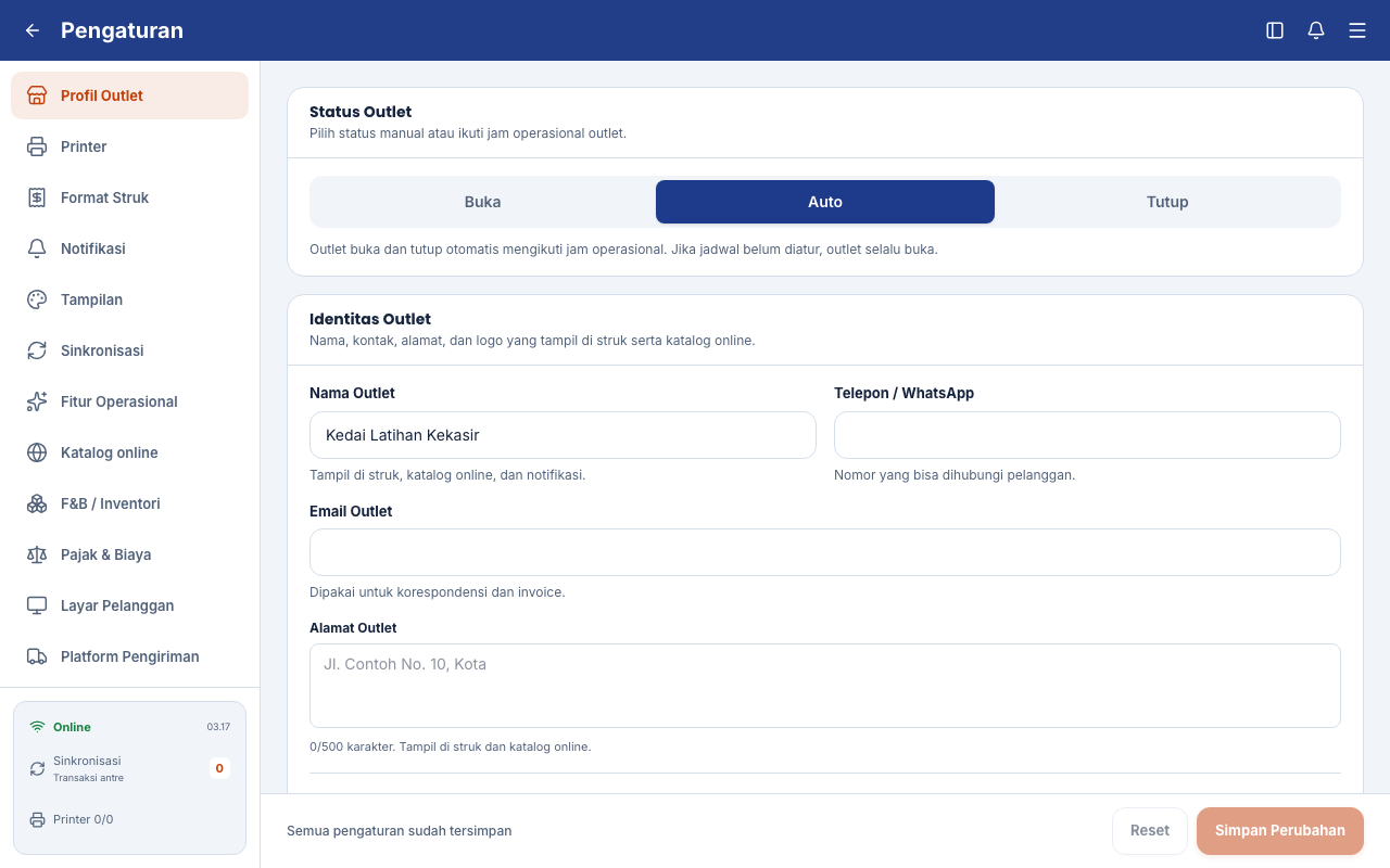 Tab Profil Outlet dengan status outlet dan identitas