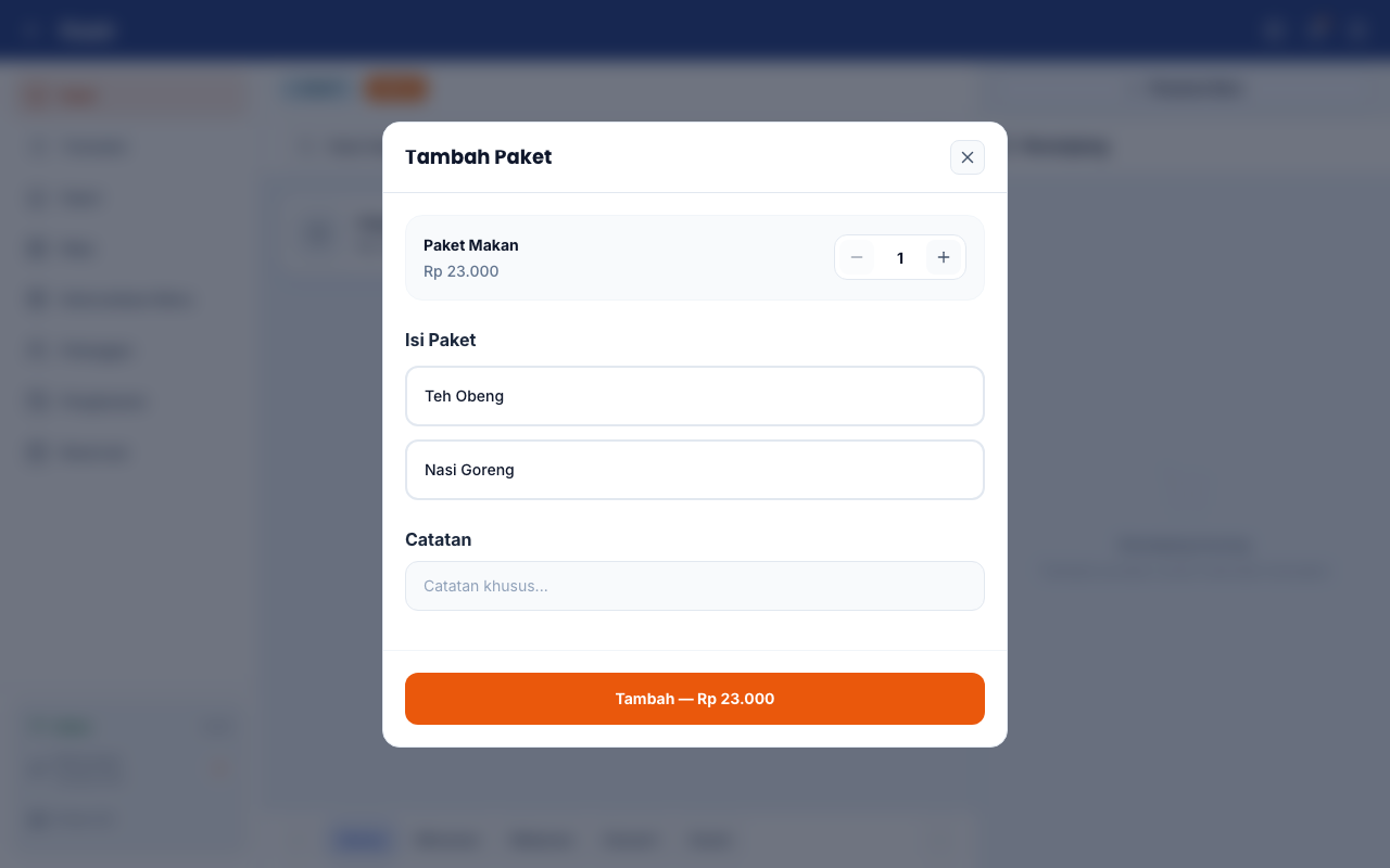 Dialog Paket Makan menampilkan kedua komponen dan harga paket