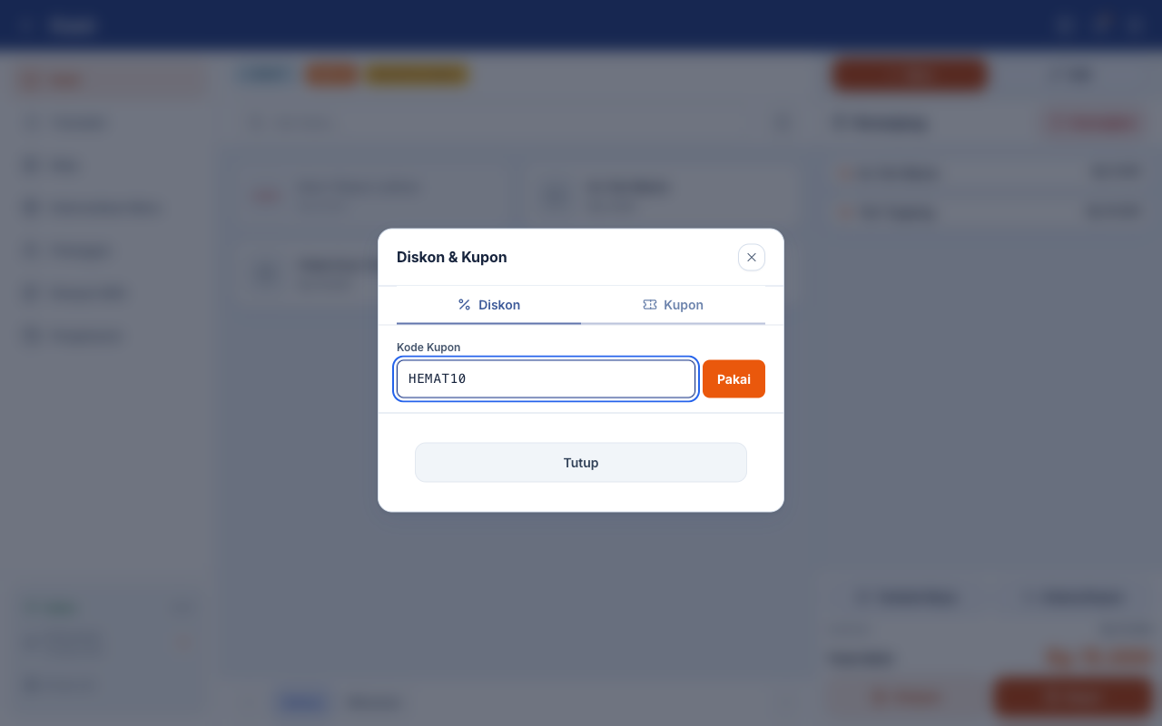 Kode HEMAT10 dimasukkan dalam dialog kupon kasir