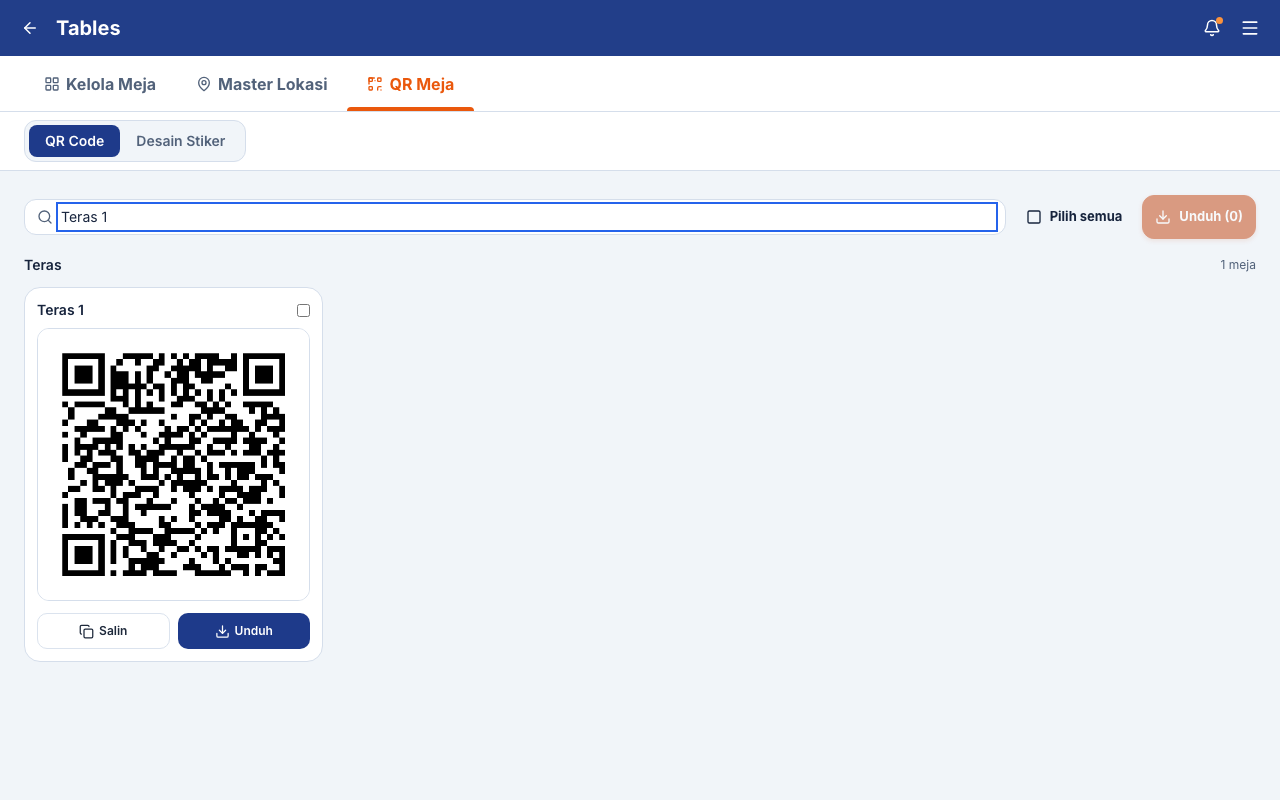 QR Teras 1 dengan tindakan salin tautan dan unduh gambar