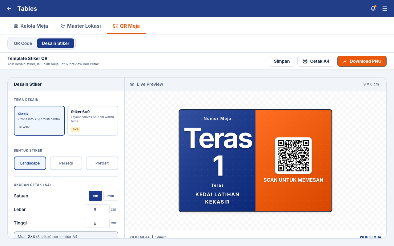 Pratinjau stiker klasik dengan area identitas meja dan QR pemesanan