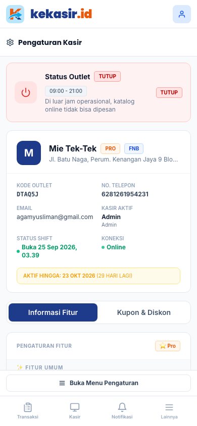 Pengaturan printer struk (tampilan ponsel)