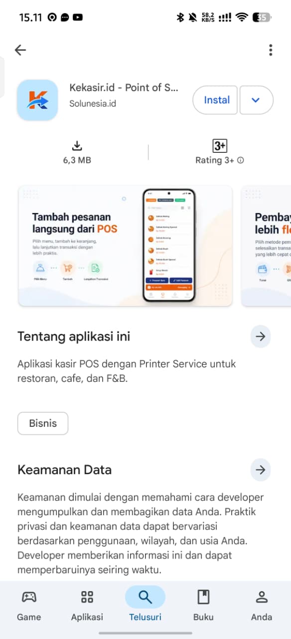 Play Store menampilkan aplikasi Kekasir.id dengan tombol Install