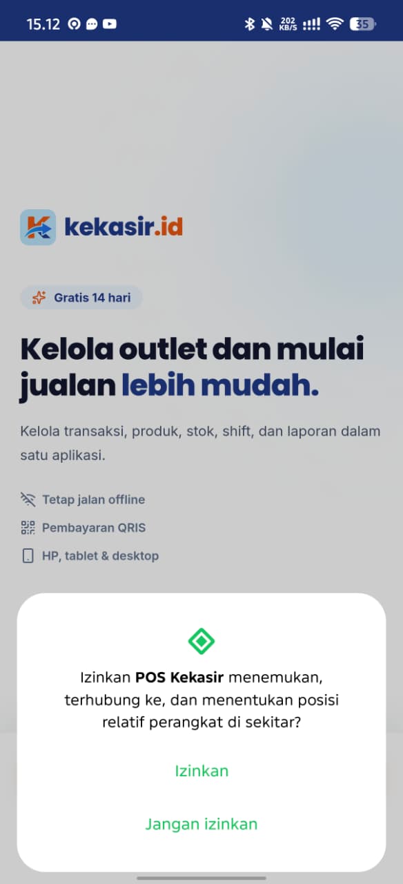 Dialog Android menanyakan izin perangkat di sekitar untuk Bluetooth