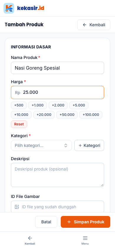 Form resep produk (tampilan ponsel)