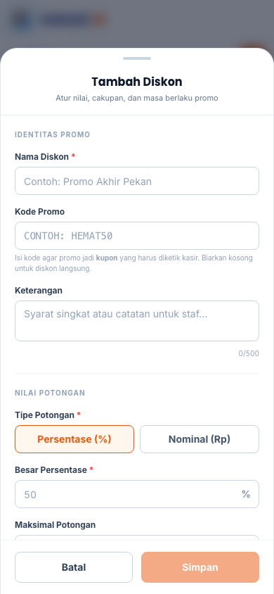 Dialog Tambah Kupon (tampilan ponsel)