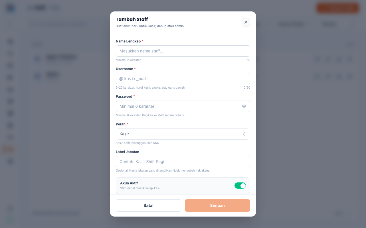 Dialog Tambah Pengguna, field nama, peran, dan PIN