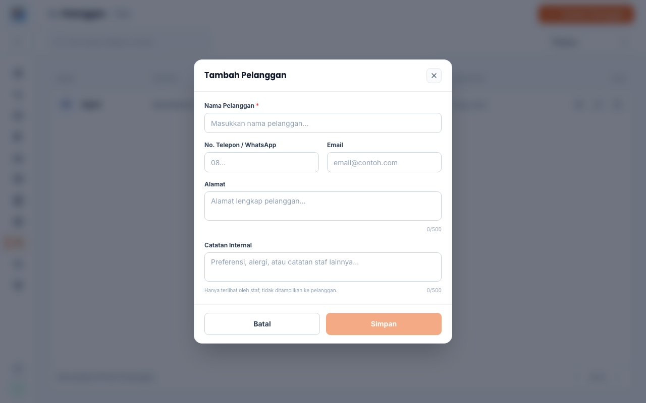 Dialog Tambah Pelanggan, field nama, telepon, dan catatan