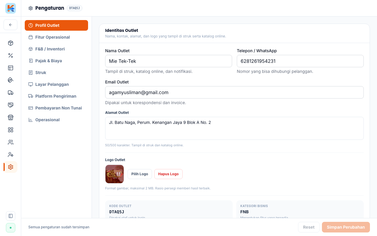 Tab Profil, isian nama, alamat, logo, dan kontak outlet