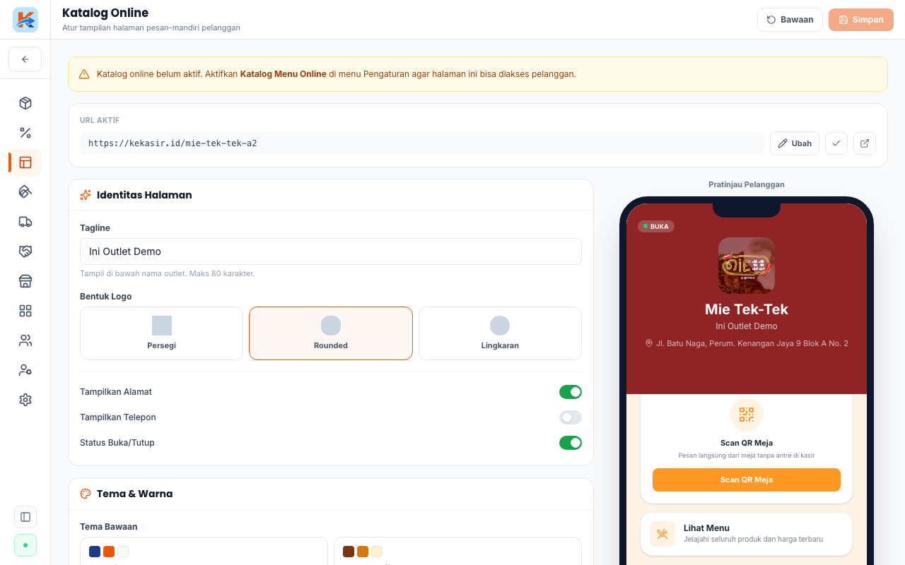 Halaman Katalog Online, pengaturan tema dan tautan